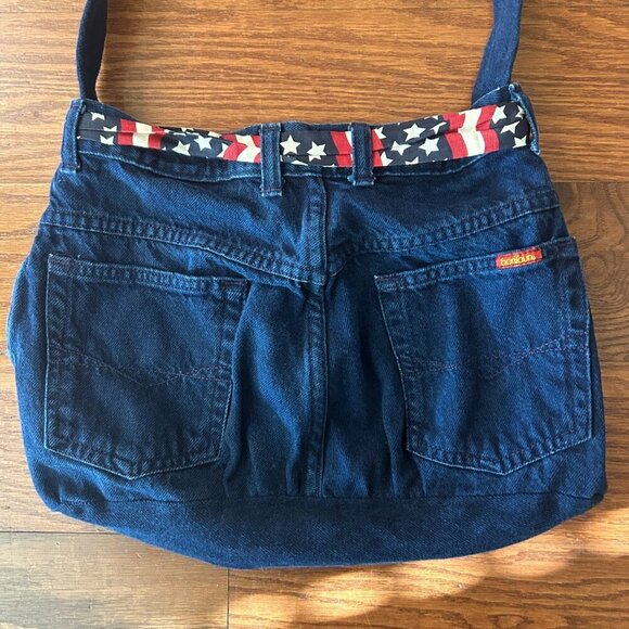 Repurposed Upcycled Denim Purse USA Patriotic Flag Shoulder Bag Bonjour Jeans - Picture 10 of 13